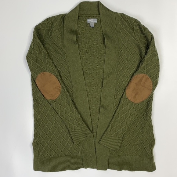 Market & Spruce Green Cardigan Brown Elbow Patches Size Small - Picture 1 of 6